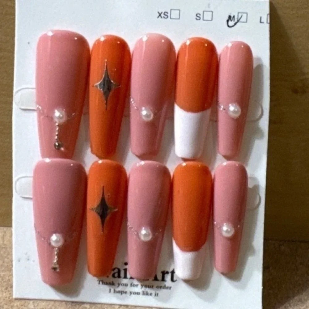 Long Coffin Press‎ On Nails Coral Orange Pearl Starburst Size Medium